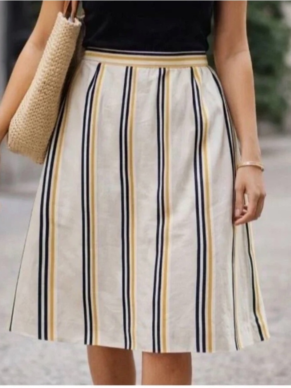 Who What Wear Cream Midi Skirt with Navy, Black & Mustard Stripes Pleated